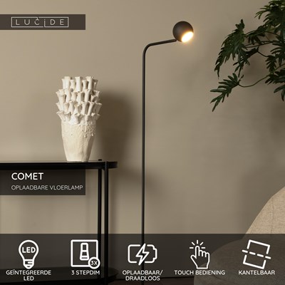 Lucide COMET - Oplaadbare Vloerlamp - Accu/Batterij - LED 3 StepDim - 1x3W 2700K - Zwart